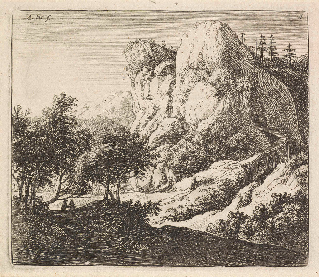 Detail of Wooden bridge with a rock, Anthonie Waterloo by Reinier and Josua Ottens