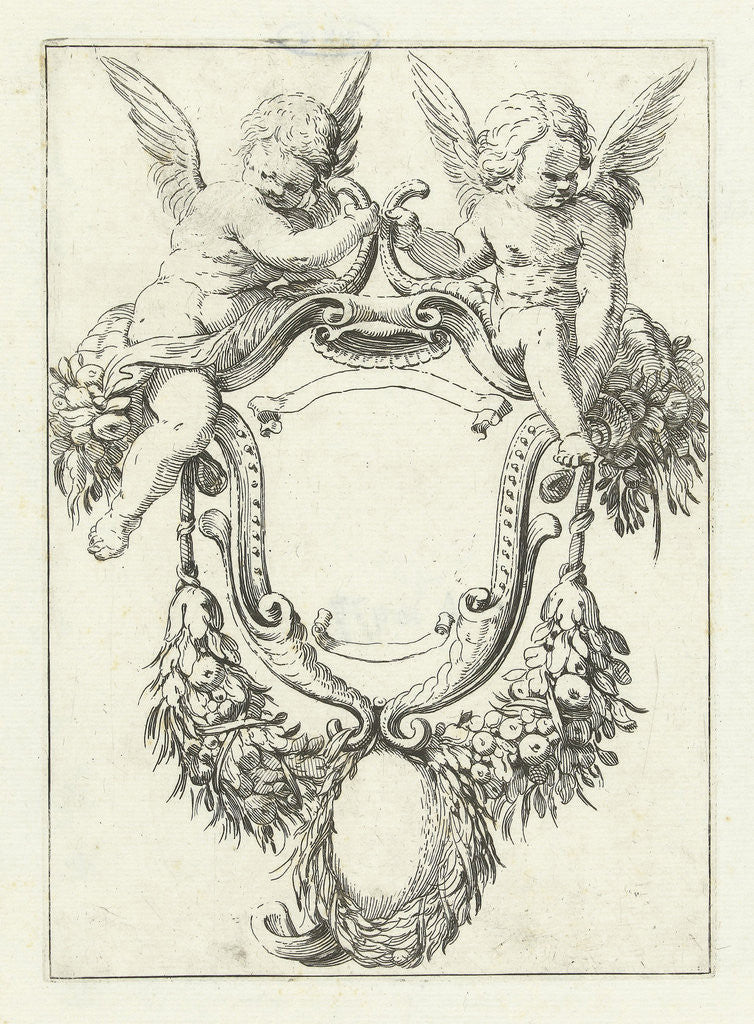 Detail of Cartouche with garlands and two seated putti by Anonymous