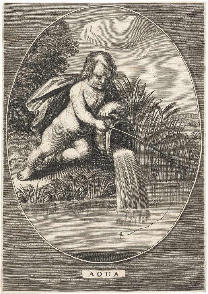 Detail of Element water as a child with fishing rod leaning on jar where water flows at shoreline in oval by Abraham van Diepenbeeck