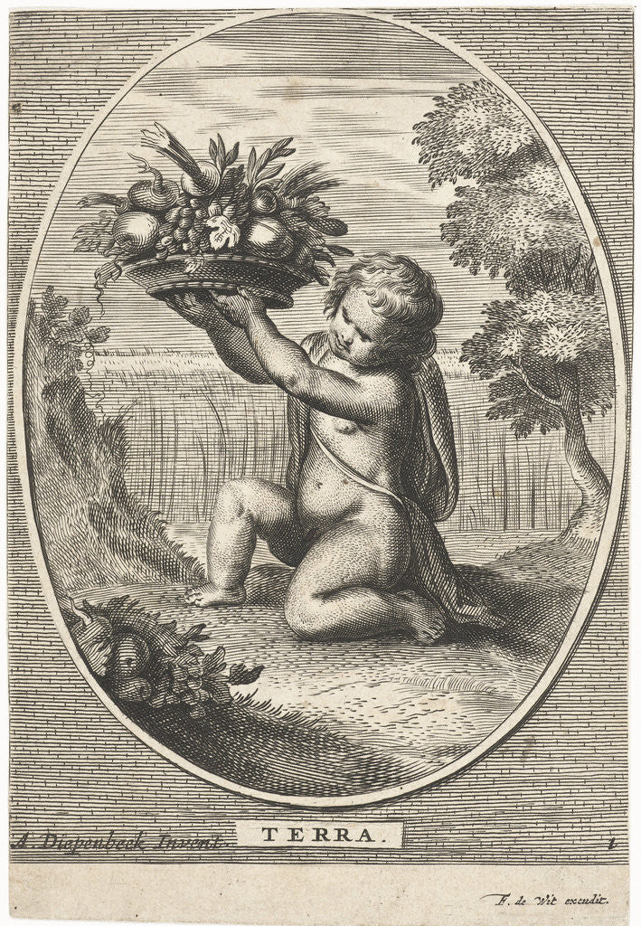 Detail of Element earth as a child with bowl of fruit and vegetables for cornfield in oval by Frederik de Wit