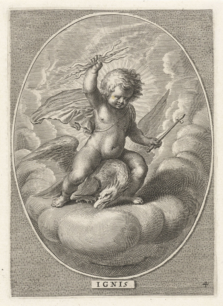 Detail of Element fire as a child with lightning bolts on back of eagle by Adriaen Collaert