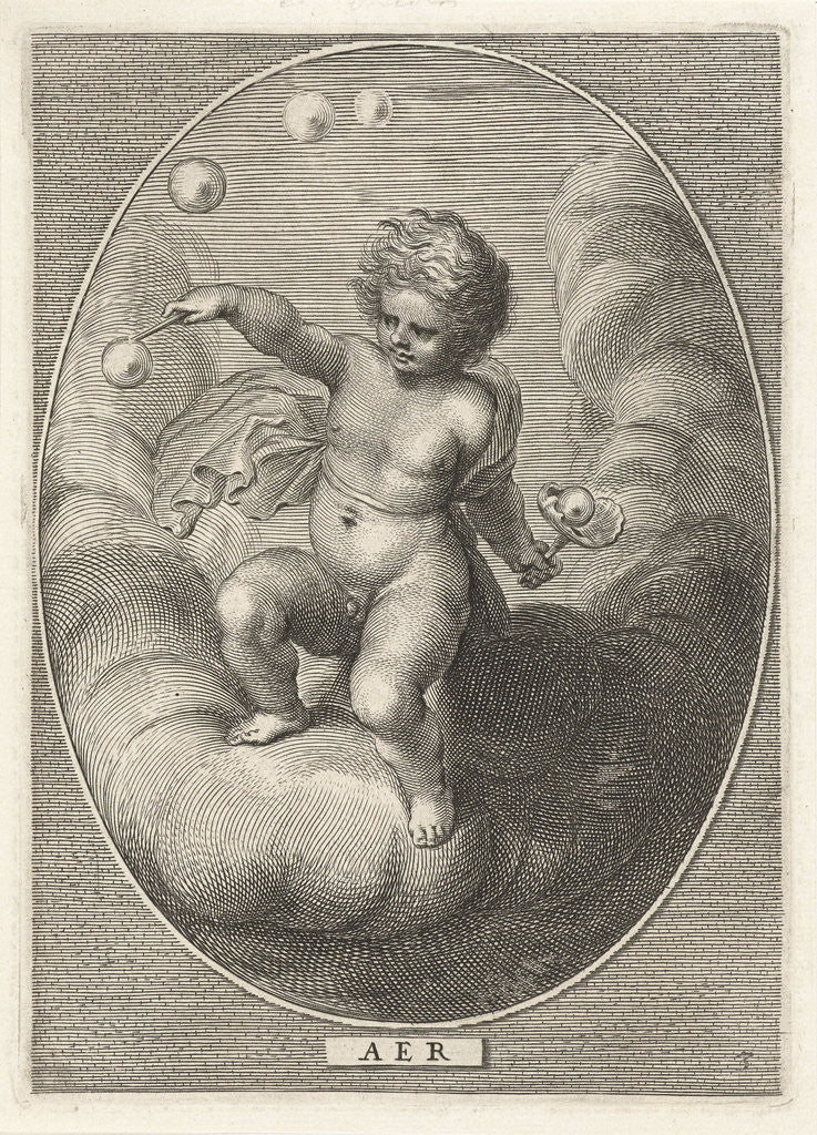 Detail of Element air as a child blowing bubbles on cloud by Nicolaes Visscher I