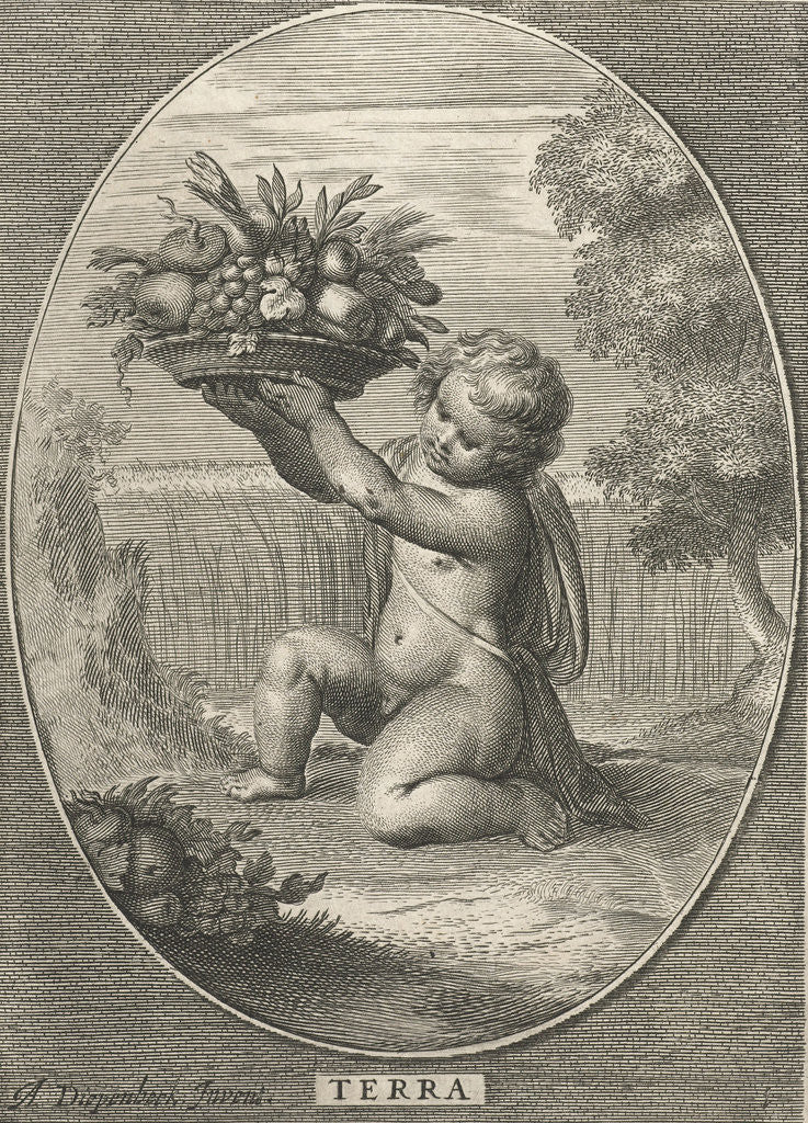Detail of Element earth as a child with bowl of fruit and vegetables for cornfield in oval by Nicolaes Visscher I