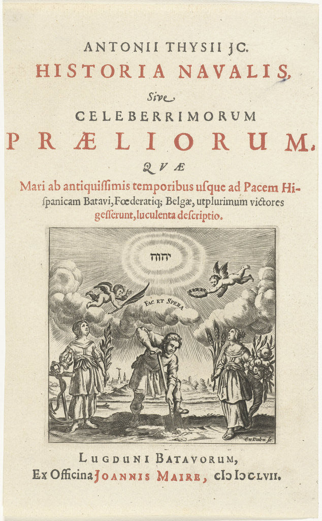 Detail of Man holds shovel in the ground standing between personifications of Hope and Abundance by Joannes Maire