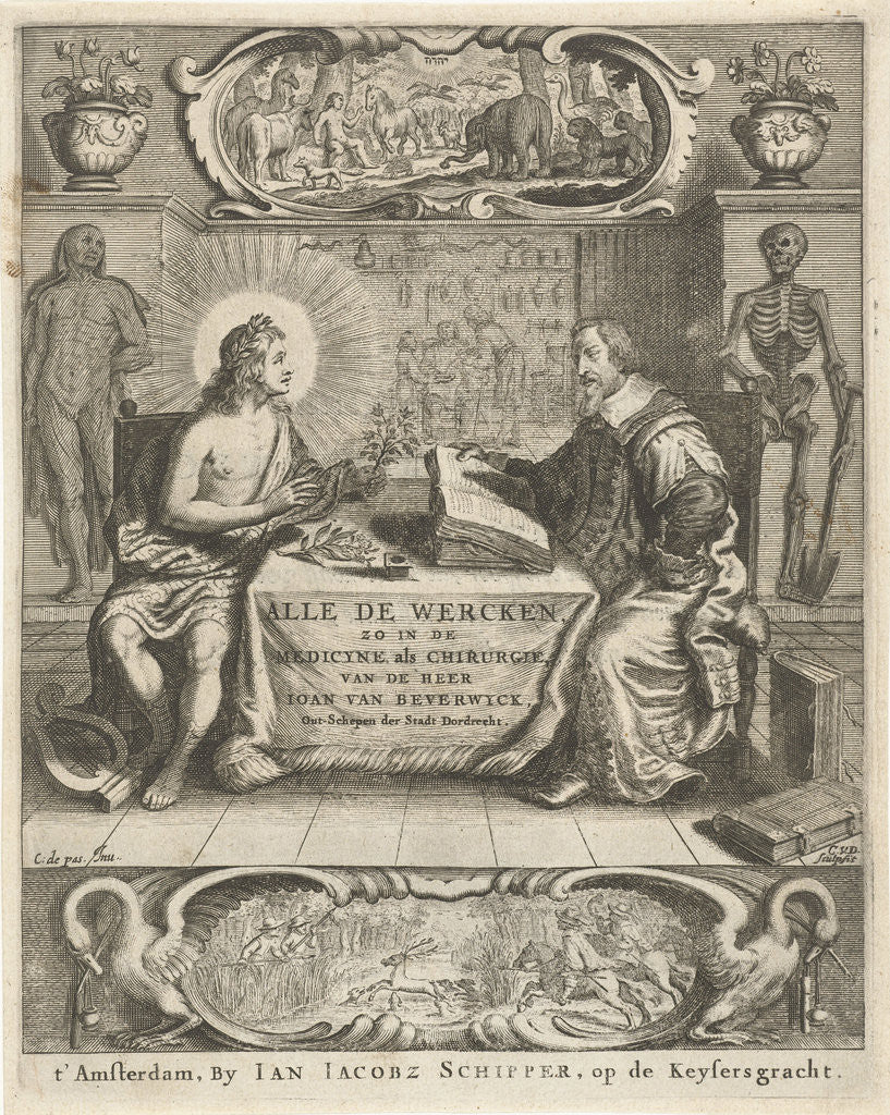 Detail of Physician Johan Beverwijk studying books about Apollo at the table in interior by Jan Jacobsz Schipper