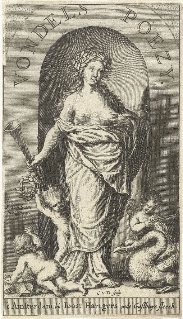 Detail of Muse Clio with trumpet and squirting milk from her breast, swan and putti at her feet by Joost Hartgers