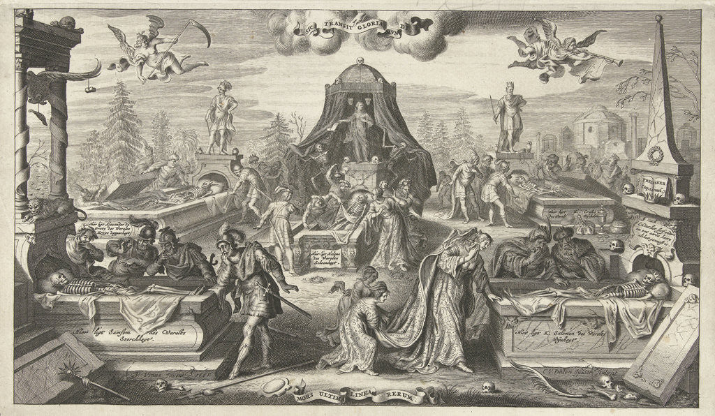 Detail of Men and women look in the opened tombs of historical figures by Cornelis van Dalen I