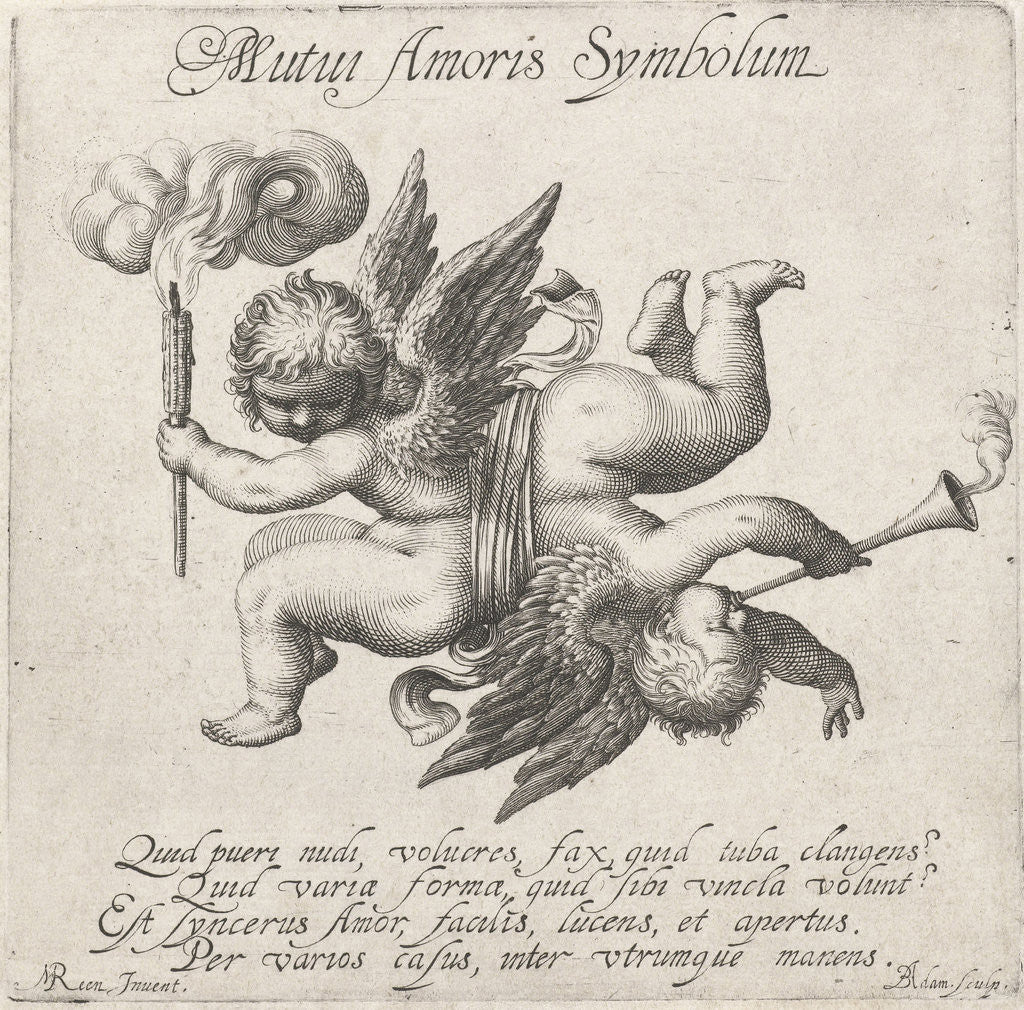 Detail of Two times Amor connected by a ribbon with eachother by M. Reen