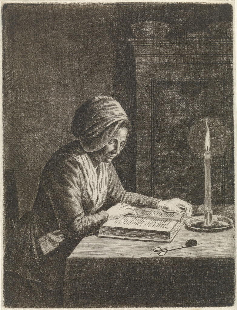 Detail of Dark room with woman reading by Johannes Christiaan Janson