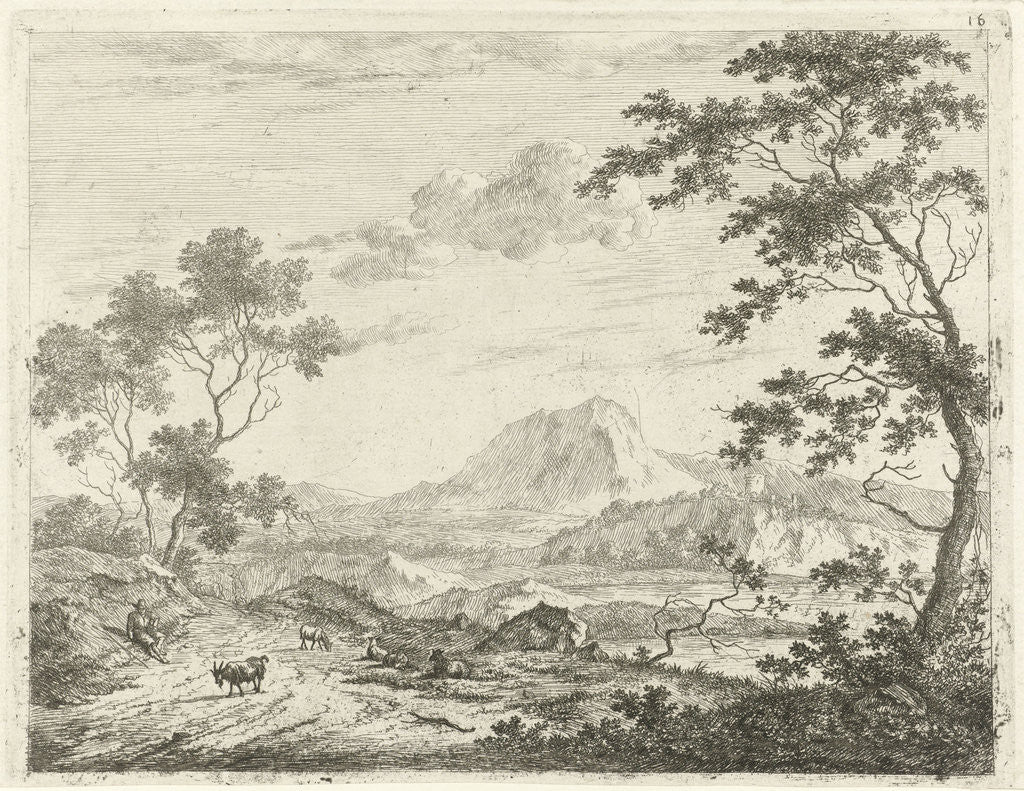 Detail of Mountainous landscape with resting shepherd by Johannes Janson