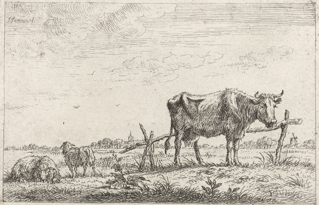 Detail of Pasture with cows and sheep by Johannes Janson