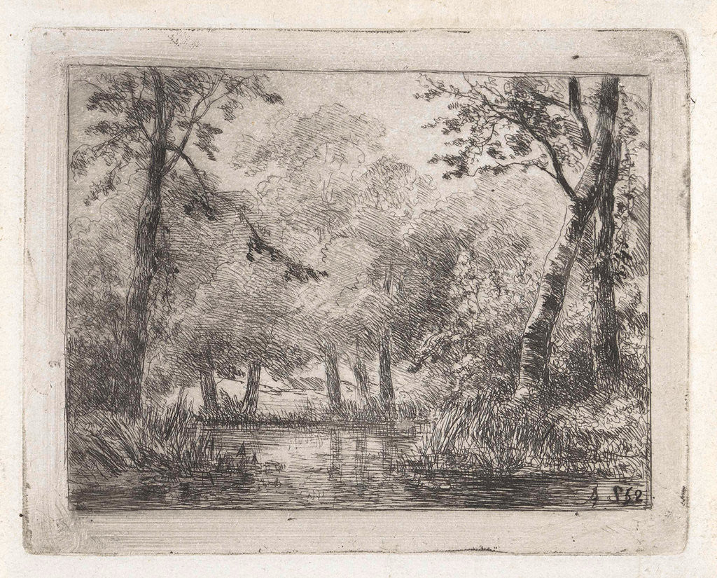Detail of forest scene with pond by Andreas Schelfhout