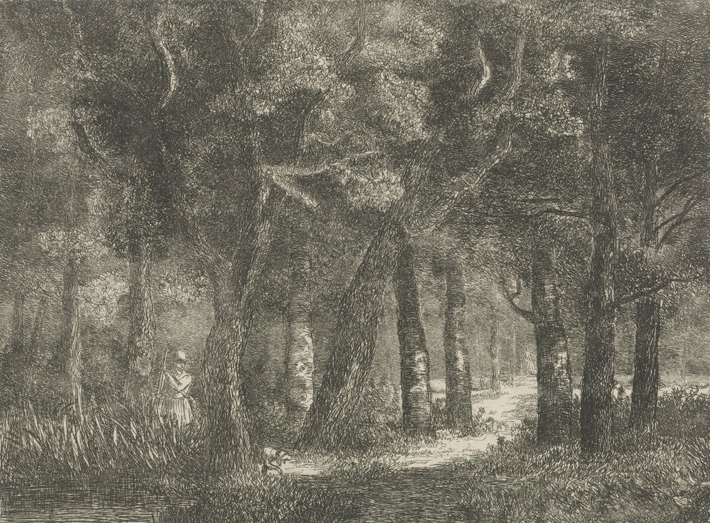 Detail of Hunter and his dog in the woods by Hermanus Jan Hendrik van Rijkelijkhuysen