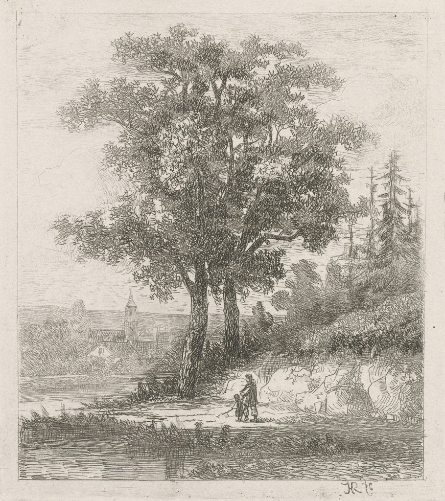 Detail of A man and a child on the waterfront by Hermanus Jan Hendrik van Rijkelijkhuysen