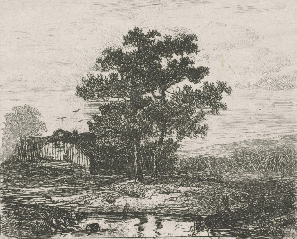 Detail of Two oaks and a wooden house by Hermanus Jan Hendrik van Rijkelijkhuysen