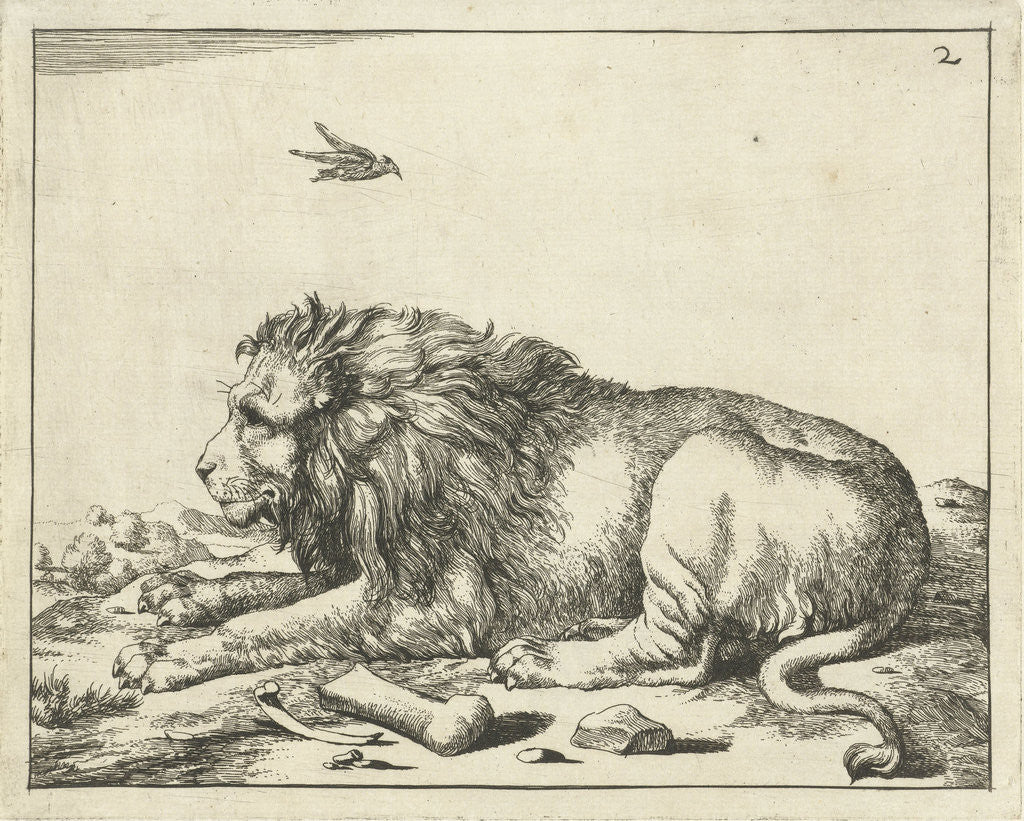 Detail of Lying lion above bird by Cornelis Kiliaan