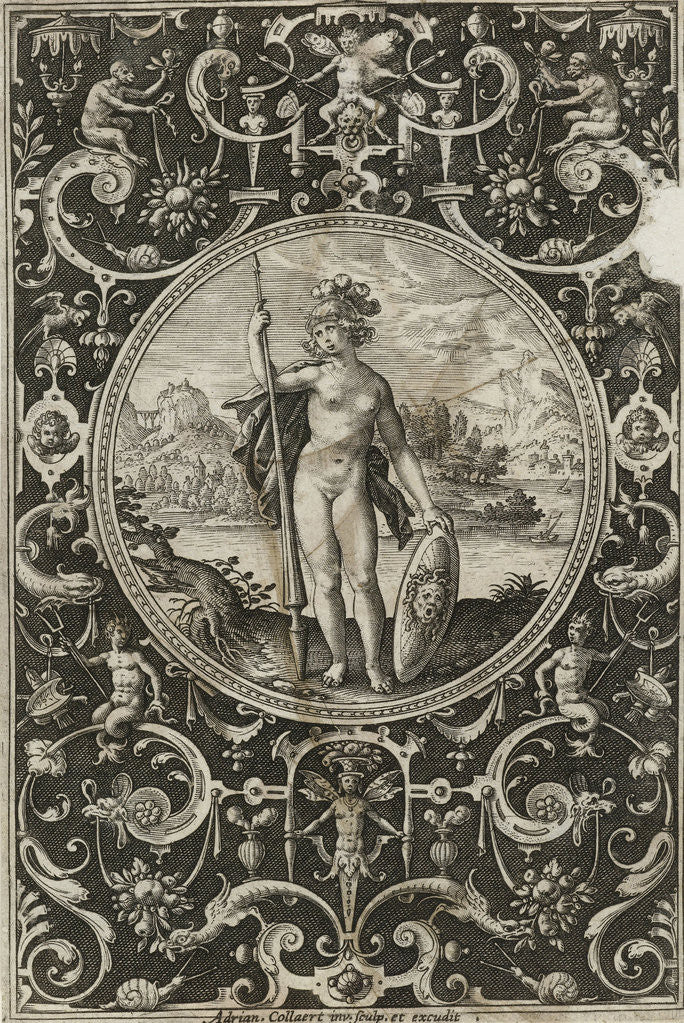 Detail of Medallion with Minerva with spear and shield with Medusa head in frame of grotesques with flowers, garlands by animals and mascarons