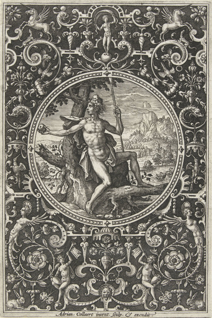 Detail of Medallion which Paris, sitting against a tree by Adriaen Collaert