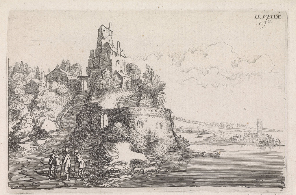 Detail of Figures at a fort in a river landscape by Jan van de Velde II