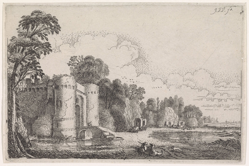 Detail of wagons on a path to a castle by Jan van de Velde II