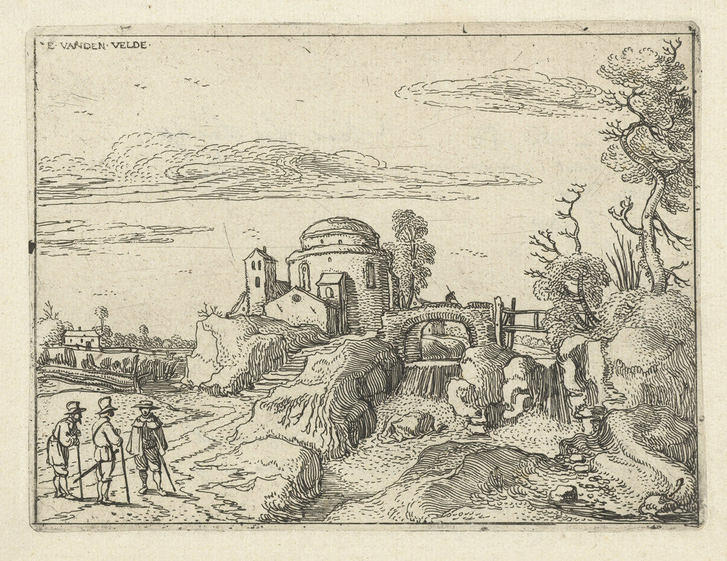 Detail of Bridge over waterfall next round building with a dome by Esaias van de Velde