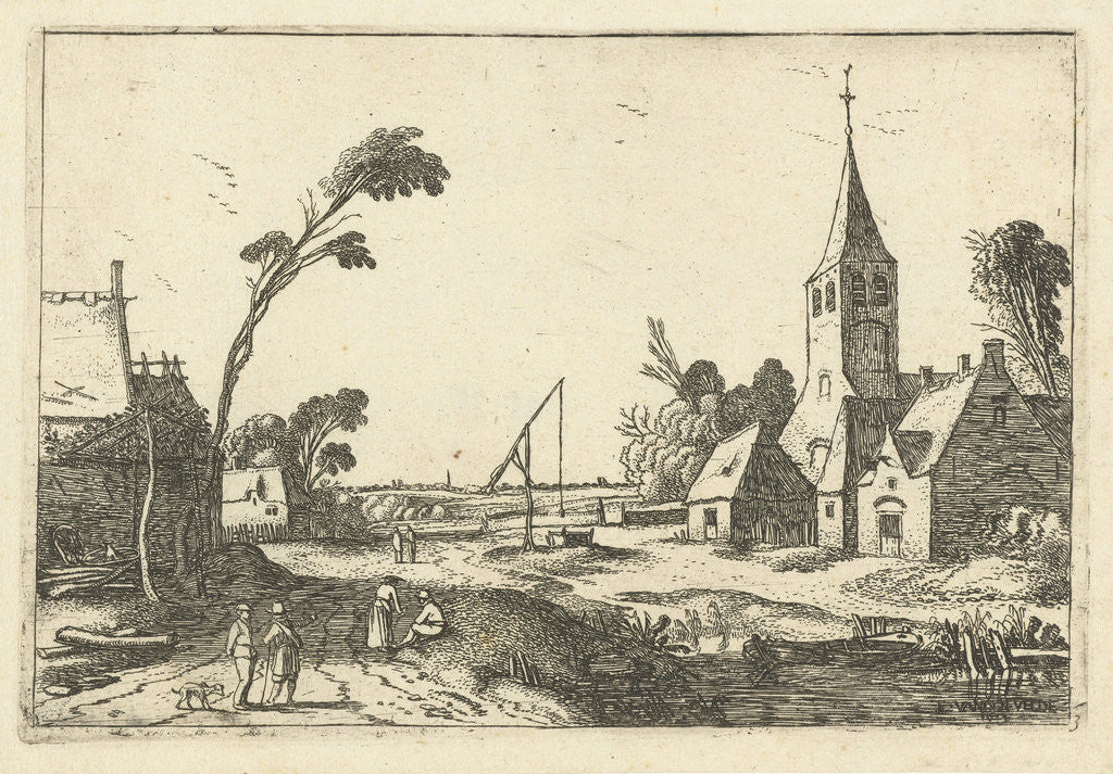 Detail of Village view with farms, church and well by Esaias van de Velde
