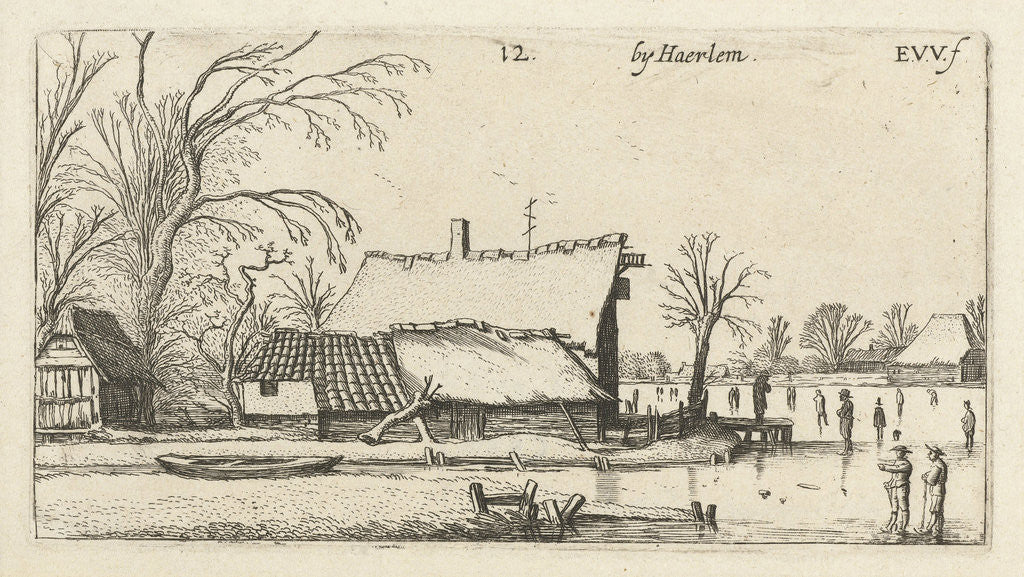 Detail of Farm in a frozen river with skaters by Esaias van de Velde