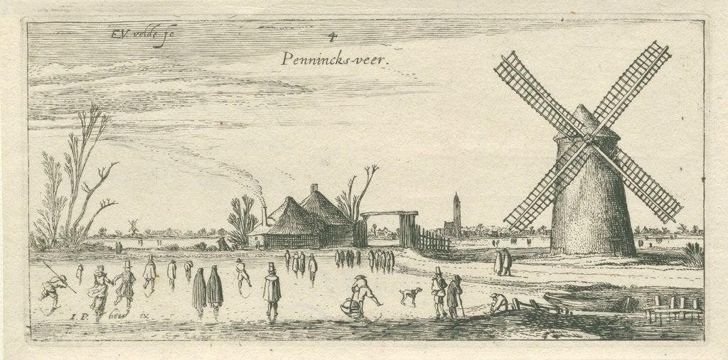 Detail of Skaters on the ice at a mill near Penningsveer by Esaias van de Velde