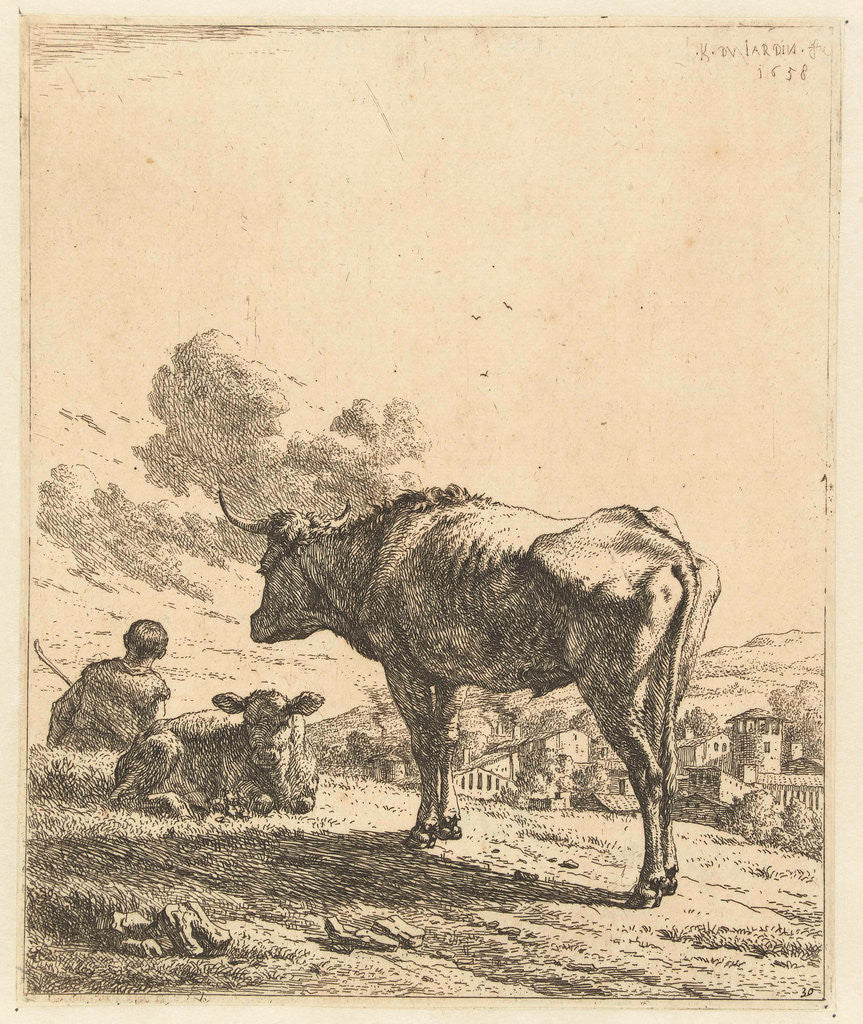 Detail of Shepherd with an ox and calf in a village by Karel Dujardin