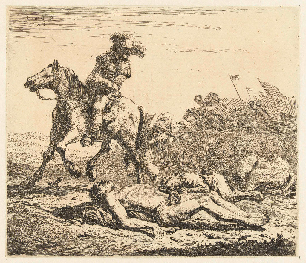 Detail of Battlefield soldier on horseback and two deaths by Karel Dujardin