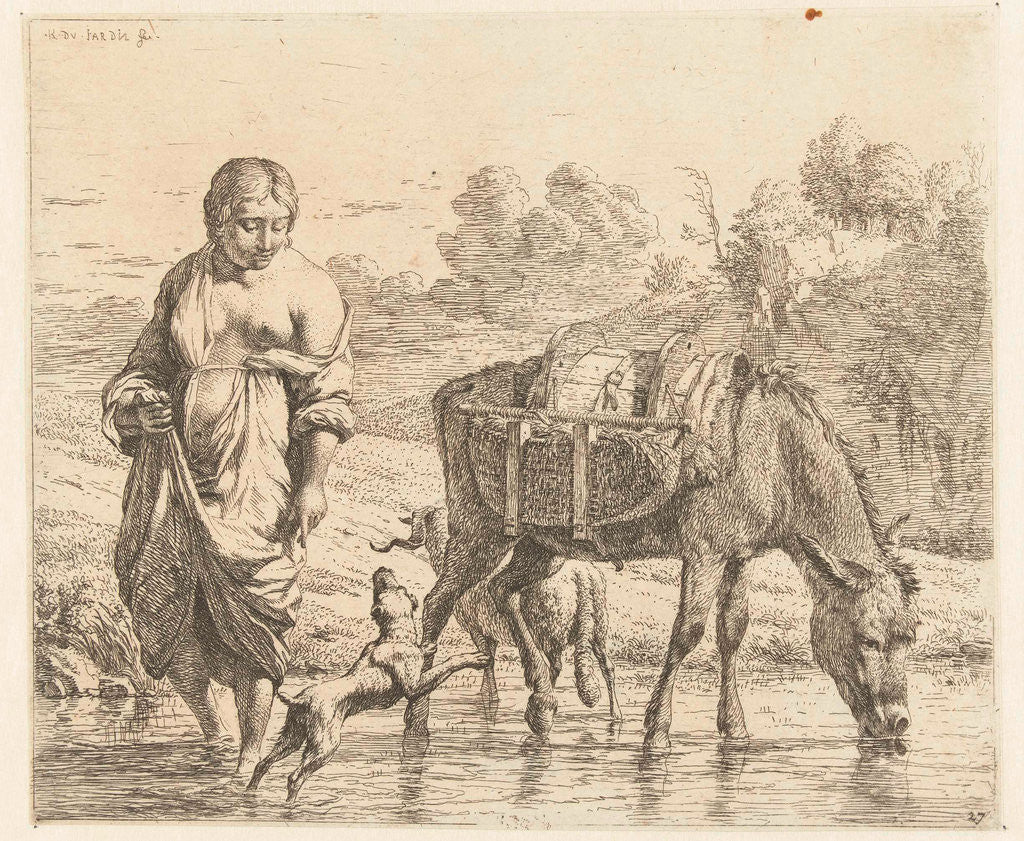 Detail of Woman and donkey standing in shallow water, a dog jumps up on her feet by Karel Dujardin