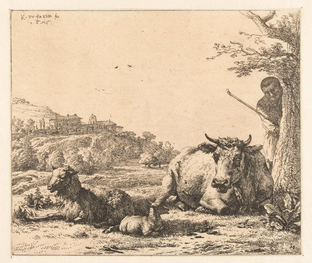 Detail of Landscape with shepherd tree and lying cow with sheep and lamb by Karel Dujardin