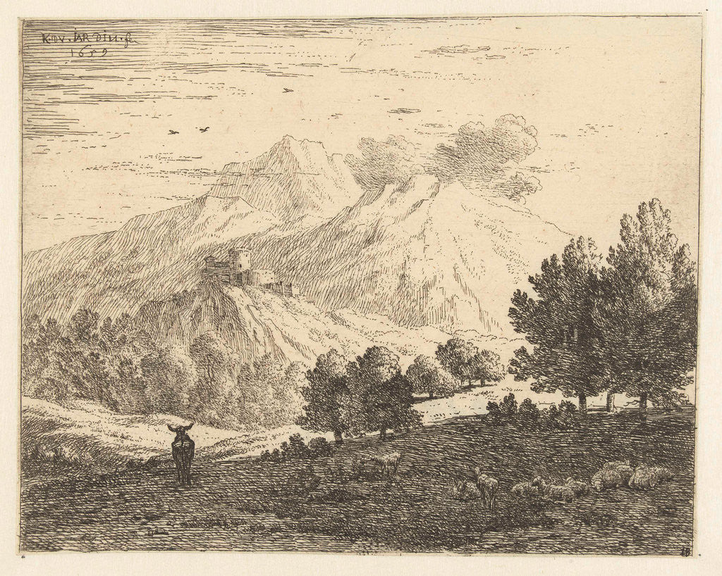 Detail of Landscape with four mountains by Karel Dujardin