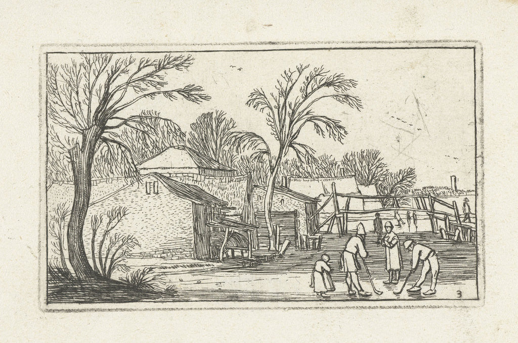 Detail of Skaters and kolf players, Kolven, on the ice near farms by Johannes Pietersz. Berendrecht