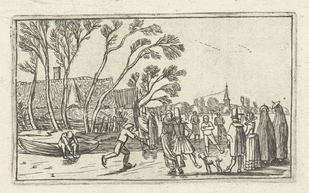 Detail of Skaters on the ice at a farm by Johannes Pietersz. Berendrecht