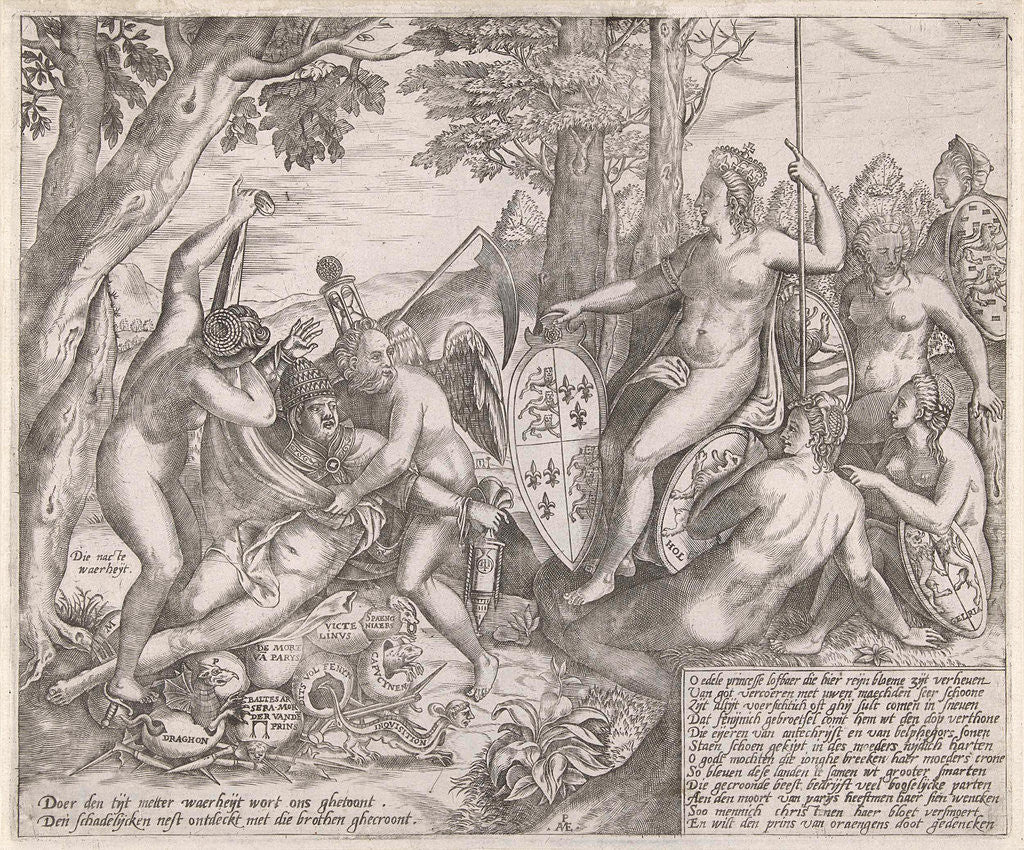 Detail of Allegorical cartoon which the personifications of Truth and Time reveal the nest where the pope hatching all kinds of conspiracies by Pieter van der Heyden