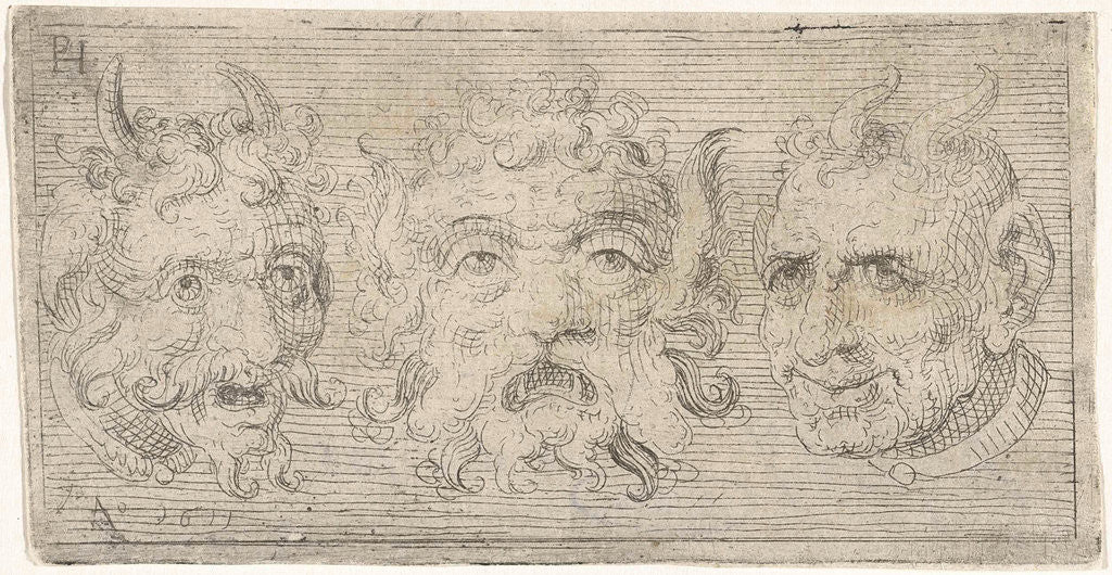 Detail of Three masks, two with horns by Pieter Feddes van Harlingen