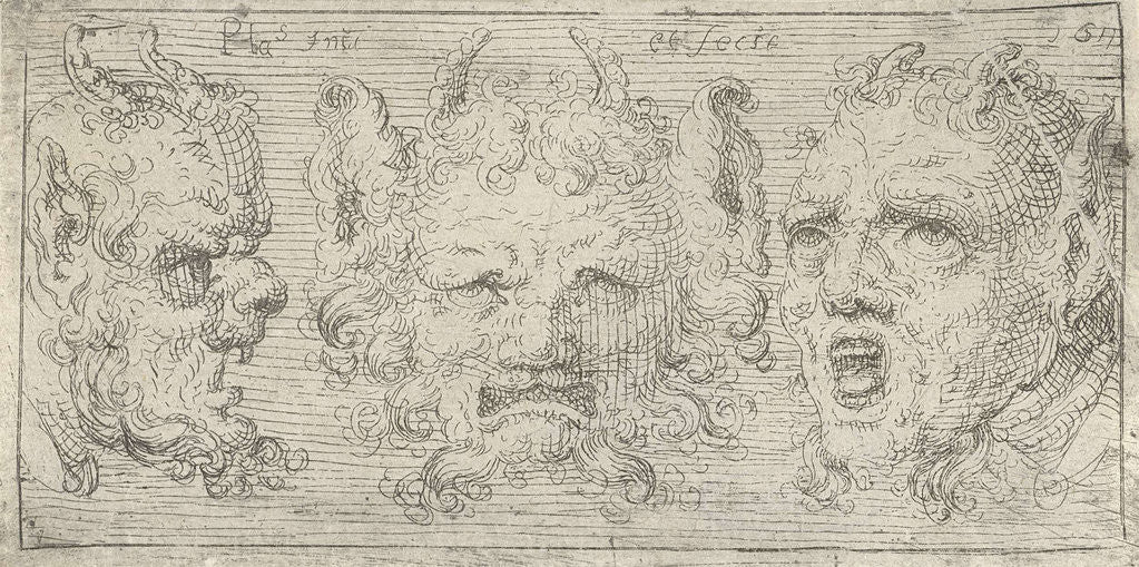 Detail of Three masks with horns by Pieter Feddes van Harlingen
