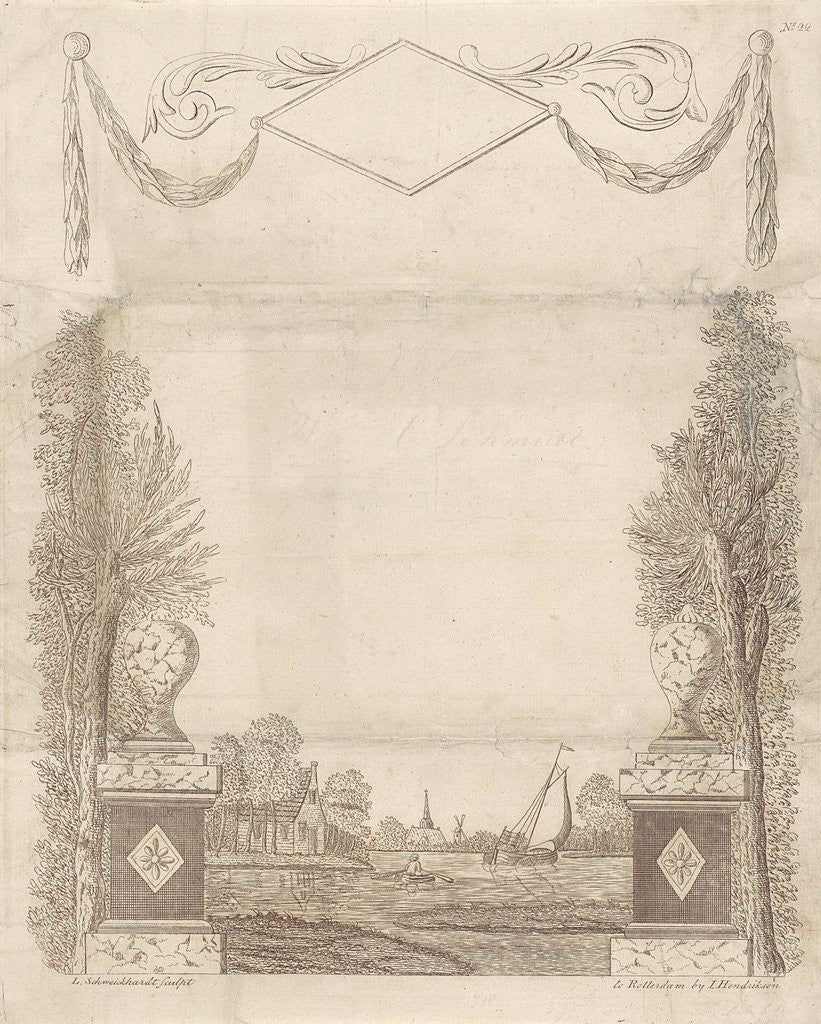 Detail of Wish Letter with decorative framework with a townscape by Jan Hendriksen