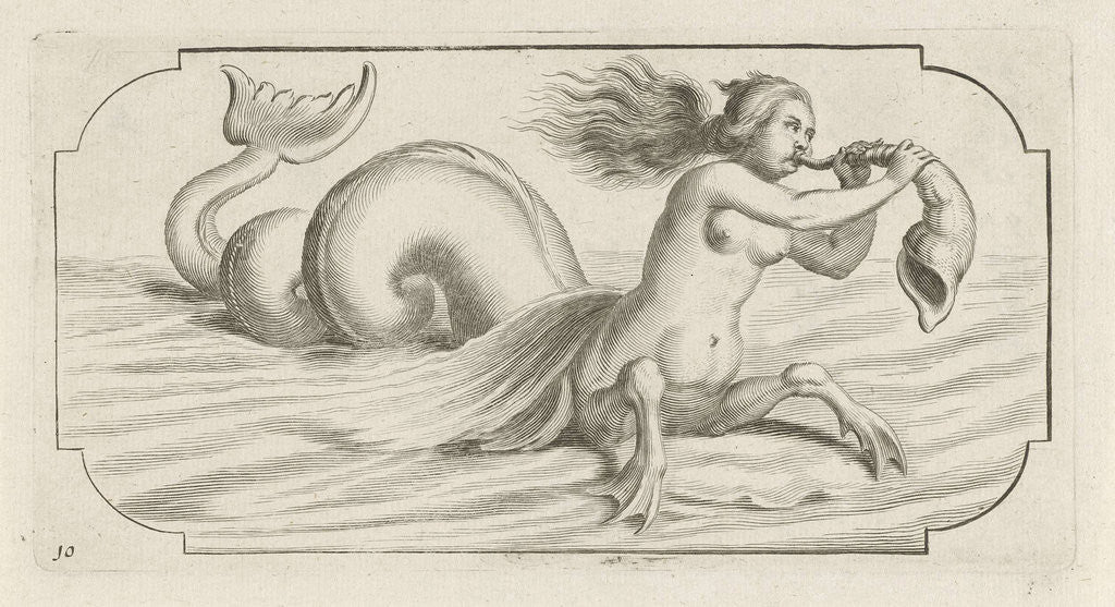 Detail of Female figure blowing on a conch by Justus Danckerts