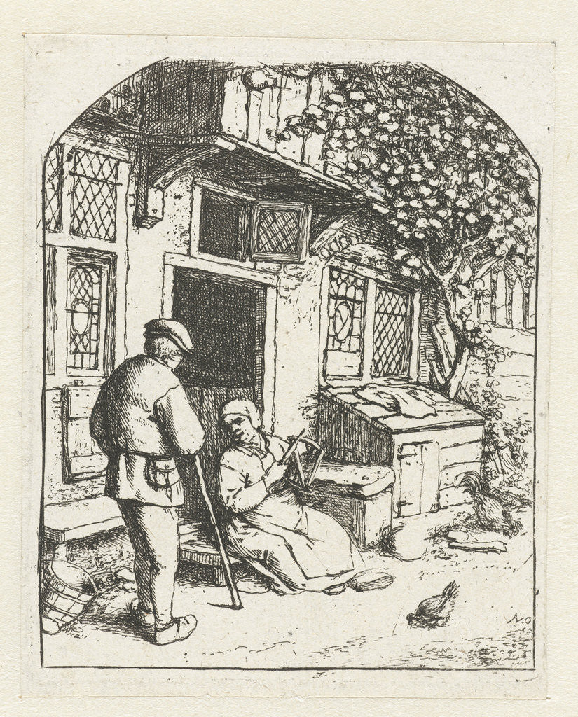 Detail of Spinster sitting on the doorstep of a house talking to man by Adriaen van Ostade