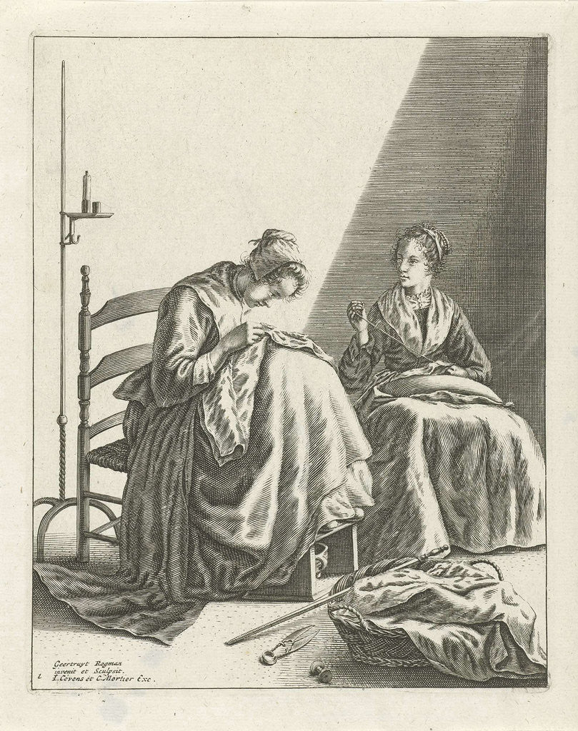 Detail of Two sewing women by Johannes Covens and Cornelis Mortier