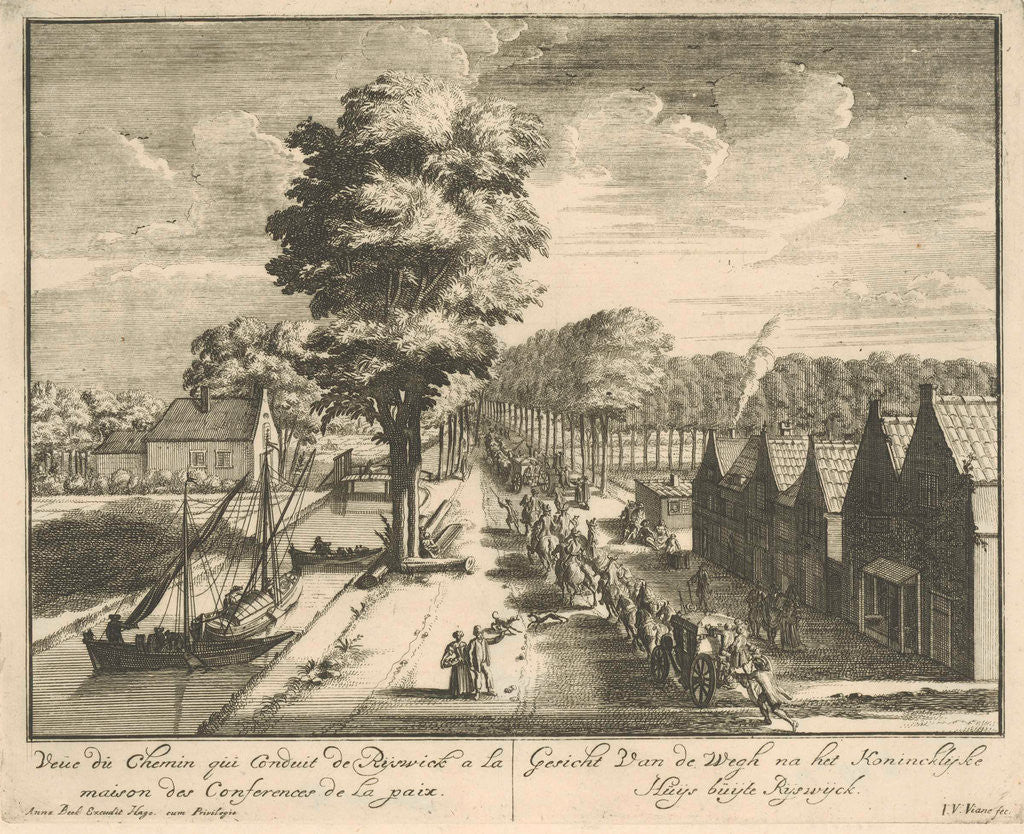 Detail of A procession of horsemen and carriages on the road to the Huis ter Nieuwburg Rijswijk by Jan van Vianen