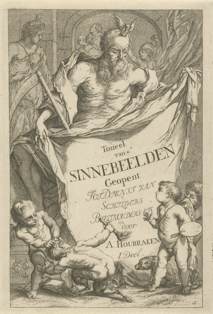 Detail of The Death personified holding a cloth on which the series title in ten lines in Dutch by Arnold Houbraken