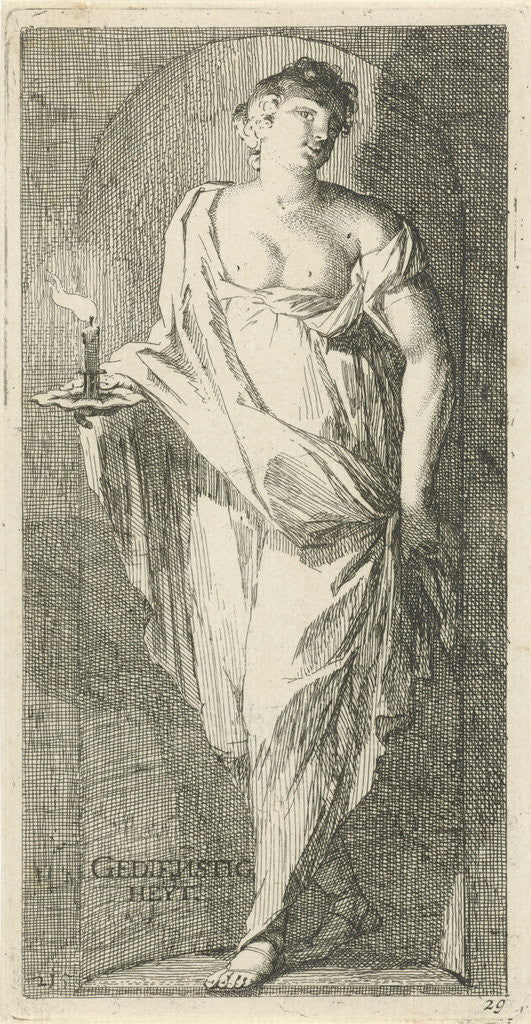 Detail of A female figure as the personification of obsequiousness in a niche, with her right hand in a candle holder with a burning candle by Arnold Houbraken