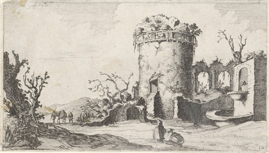 Detail of Fountain at ruin with a round tower by Gillis van Scheyndel I
