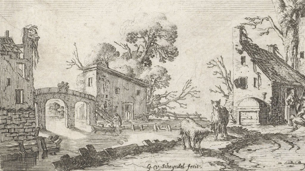 Detail of Hearing, at the river are a farm, a tower and other buildings by Gillis van Scheyndel I