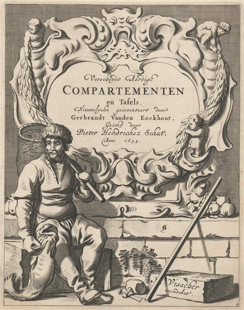 Detail of Cartouche with lobe ornament with a fisherman by Nicolaes Visscher I