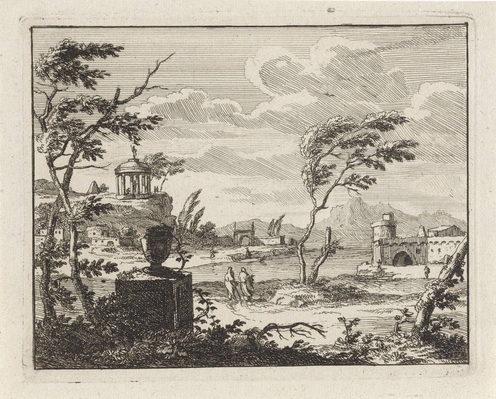 Detail of ruinous landscape with classical buildings by Anonymous
