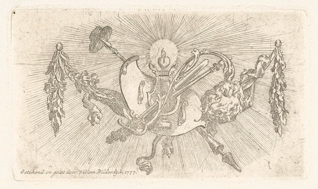 Detail of Vignette with winch, burning heart, shield, freedom hat and sun by Willem Bilderdijk